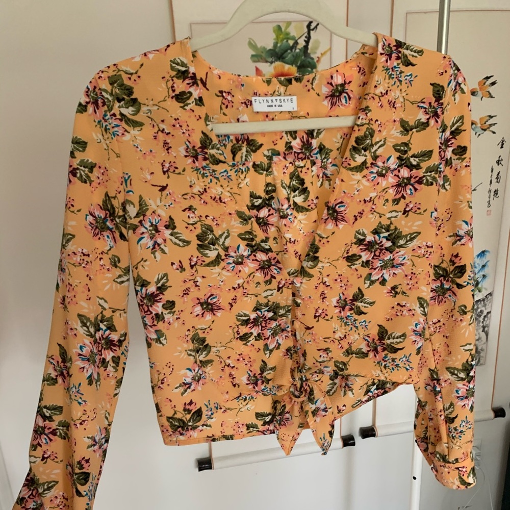 FLYNN SKYE Yellow Floral Gauze Crop Top